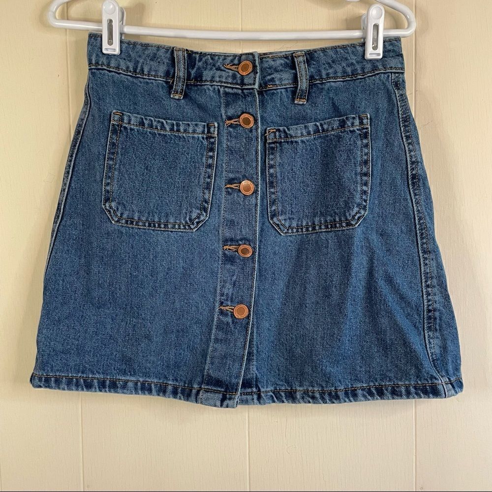 Bershka Retro Denim Front Button A-Line Mini Skirt